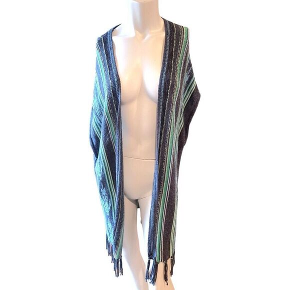 Chaps Poncho Sweater Open Front Striped Multicolor Tassel Hem Womens Large - Picture 1 of 5